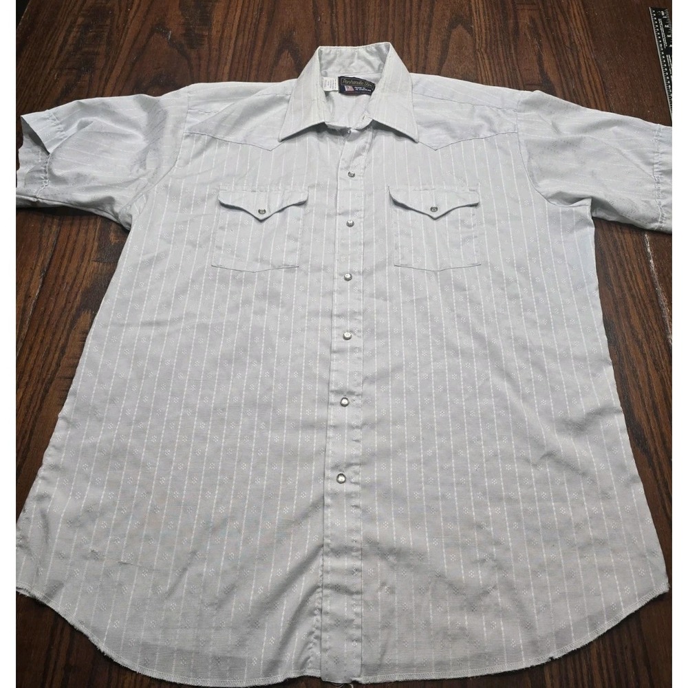 Panhandle Slim Mens Western Pearl Snap Shirt Gray Dobby Stripe Short Sleeve 17.5
